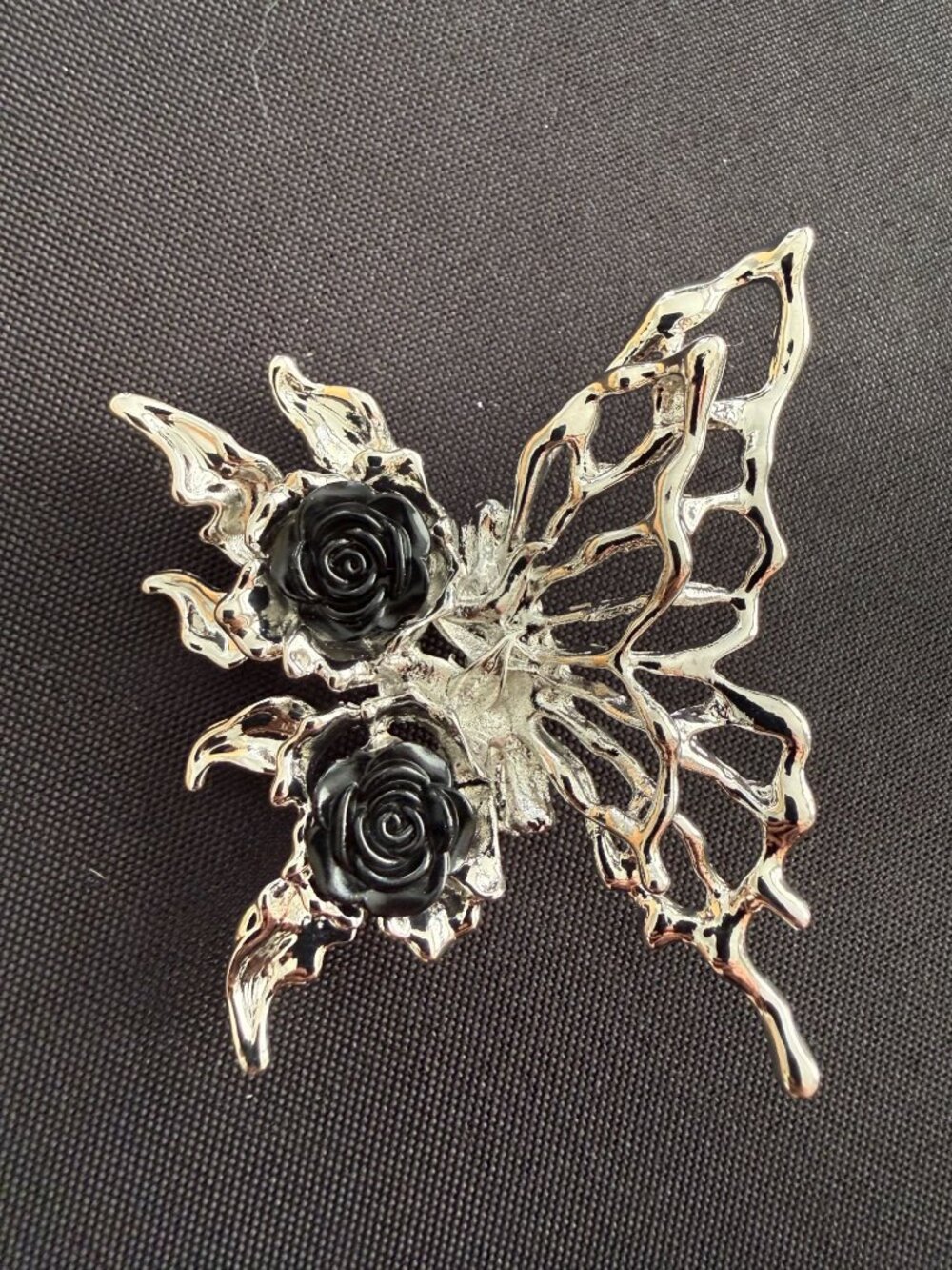 Gothic Silver-Tone Butterfly Brooch with Black Roses – Molten Metal Statement Pi